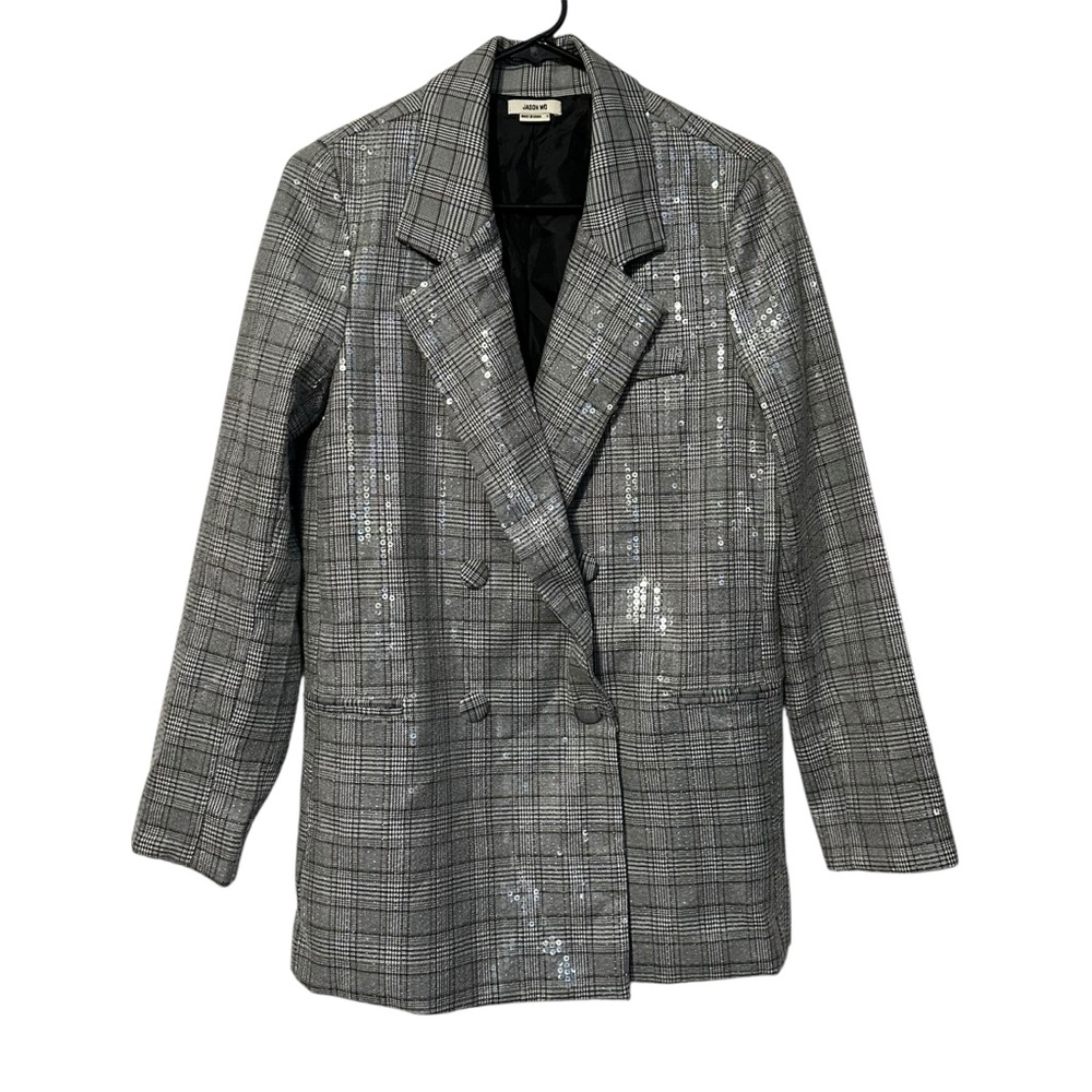 JASON WU Oversized Silver Gray Plaid‎ Sequined Blazer Jacket Double Breasted S